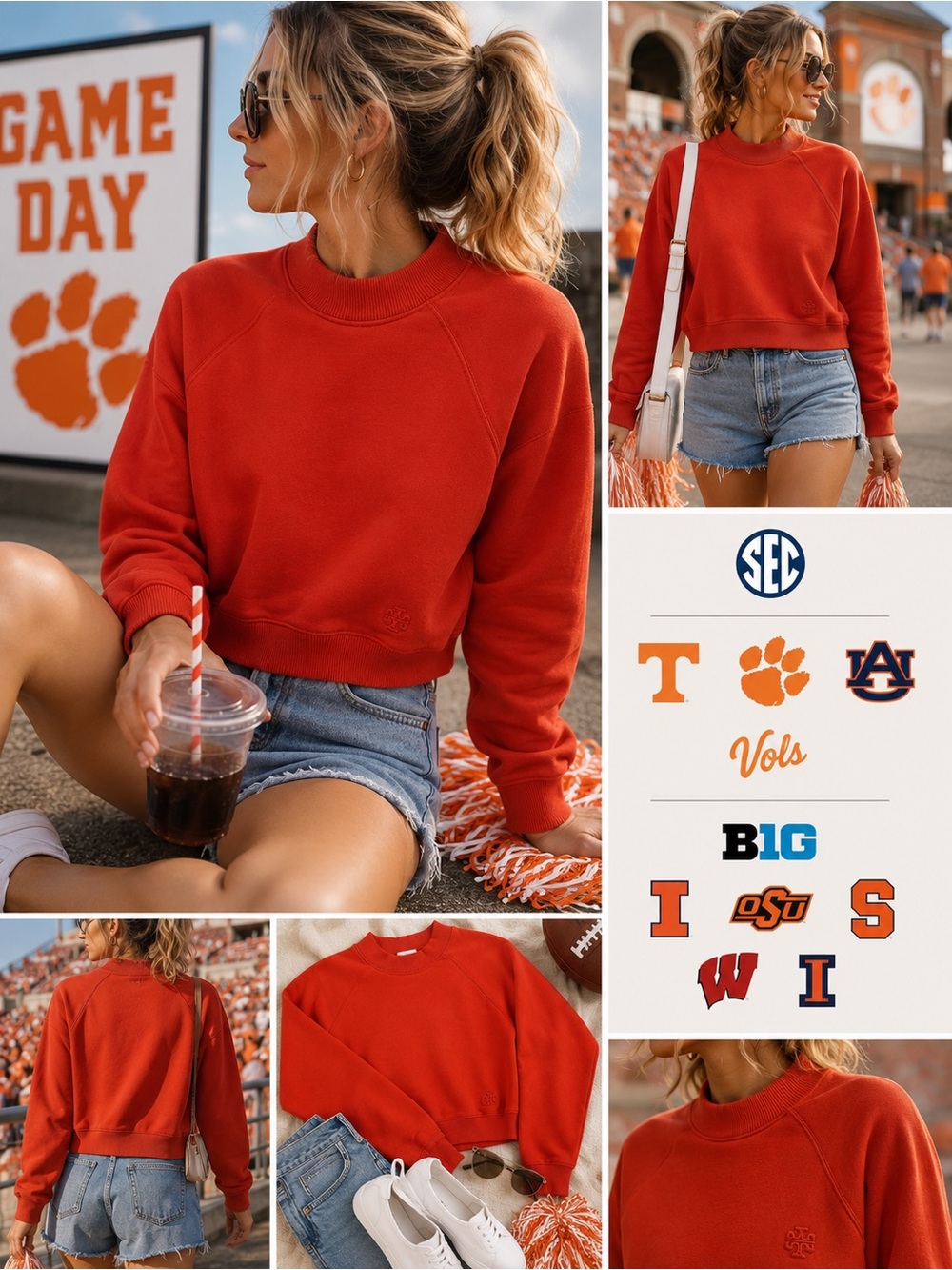 Tory Burch Cropped Sweatshirt Orange Logo XS/S Preppy | Game Day Look